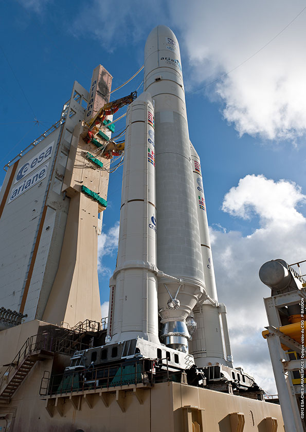 Ariane 5 con Skynet 5D y Mexsat Bicentenario en la plataforma de lanzamiento.